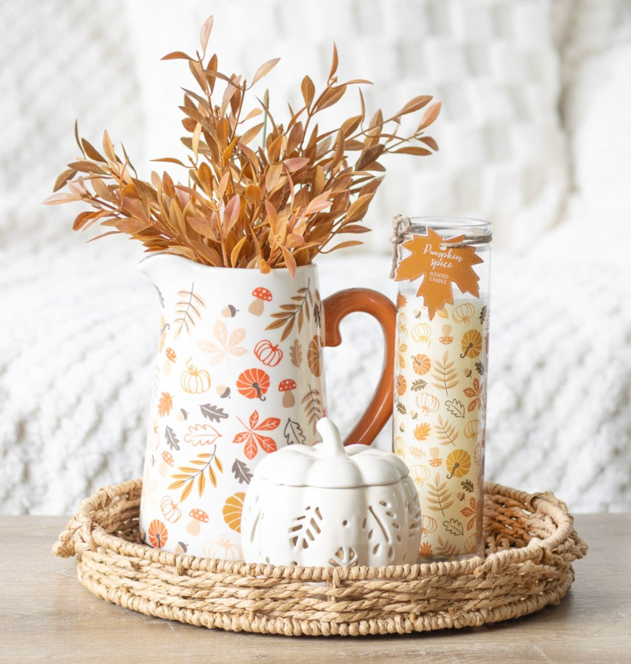 Herbstkrug „Pumpkins Please“ – Keramik-Dekovase mit Blättermotiv