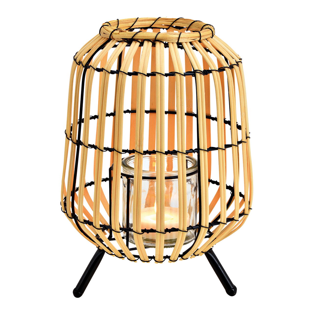 Naturschöne Laterne mit Windlicht aus Glas, Bambus und Metall