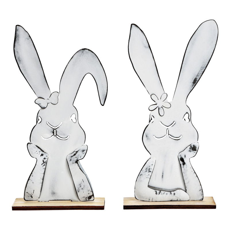 🤍 Lapin en métal élégant - support blanc sur socle en bois