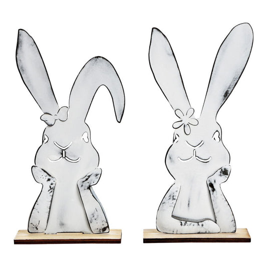 🤍 Elegant metal rabbit - white stand on wooden base