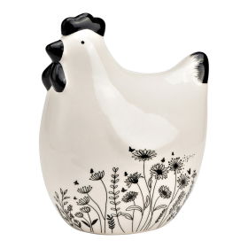 Chicken with flower meadow decoration made of ceramic black, white (W/H/D) 10x13x7cm