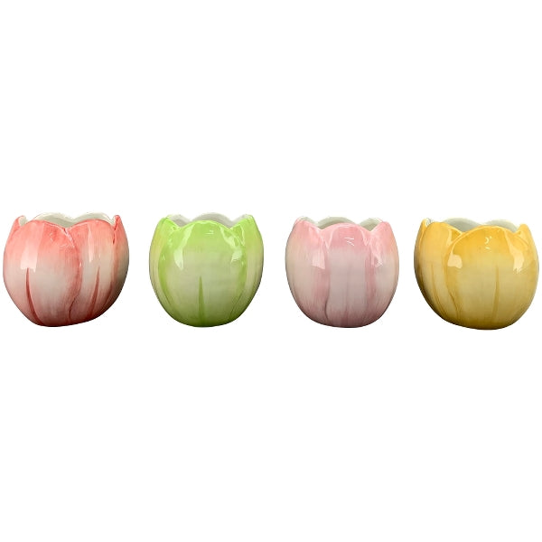 Photophore tulipe Sannie, rouge/vert/rose/jaune, céramique, 9,3x9,3x7,8 cm