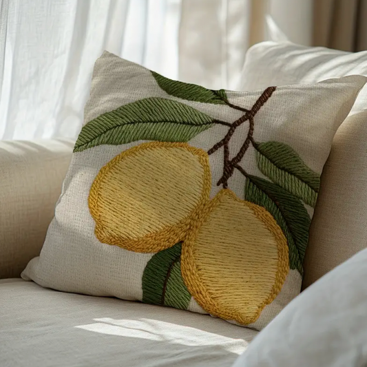 Vintage Lemon – Zitrus-Kissen mit Blätterdruck