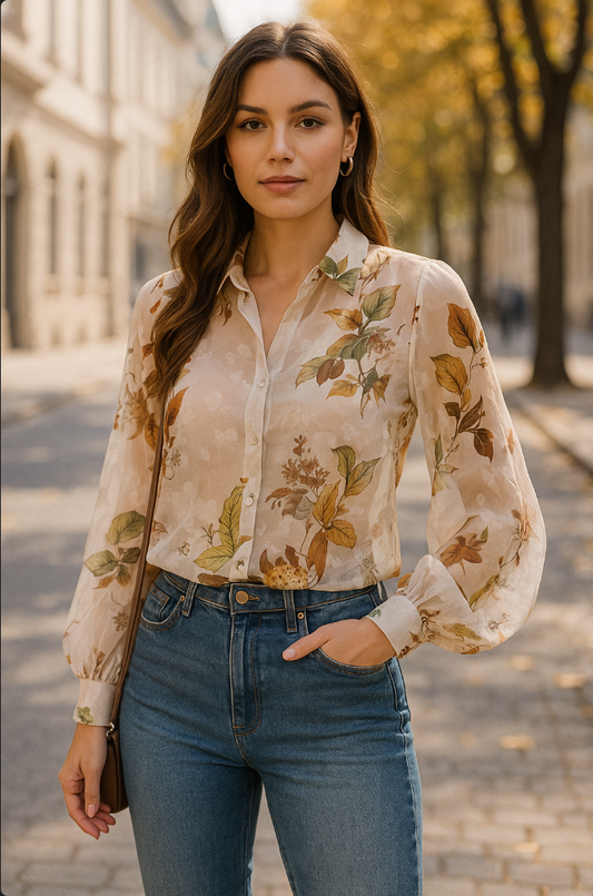 Bluse „Botanic Breeze“ – Florale Statement-Bluse mit Stickerei & Blättermuster